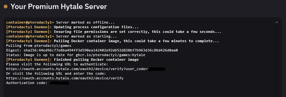 Server console paused during startup, displaying the Hytale authentication prompt with a login URL and device code