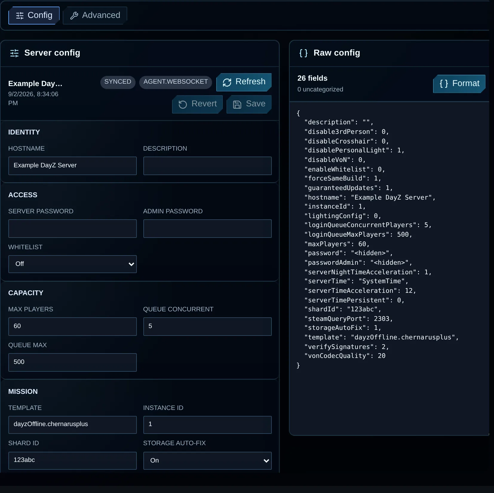 Customer Config page showing grouped DayZ settings and the Raw config editor with password values hidden